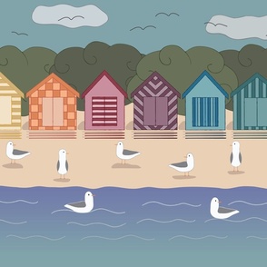 Rainbow Beach Huts and Seagulls 