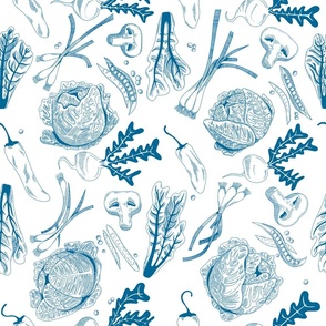 Hand Drawn Veggies / Vegetables - White and Blue