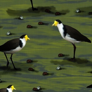 Masked Plover Yellow Beak Australian Bird, Moss Olive Green Coastal Landscape, New Zealand Beaches, Spur Winged Plover Wetland Bird, Coastline Lapwing on Textured Avocado Linen Look, LARGE SCALE
