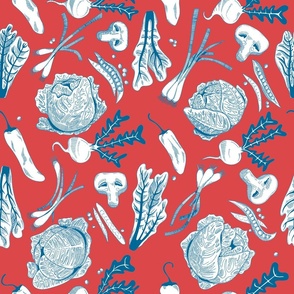 Hand Drawn Veggies / Vegetables - Red and Blue