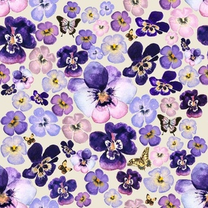 Large Purple Pansies on Cream / Watercolor