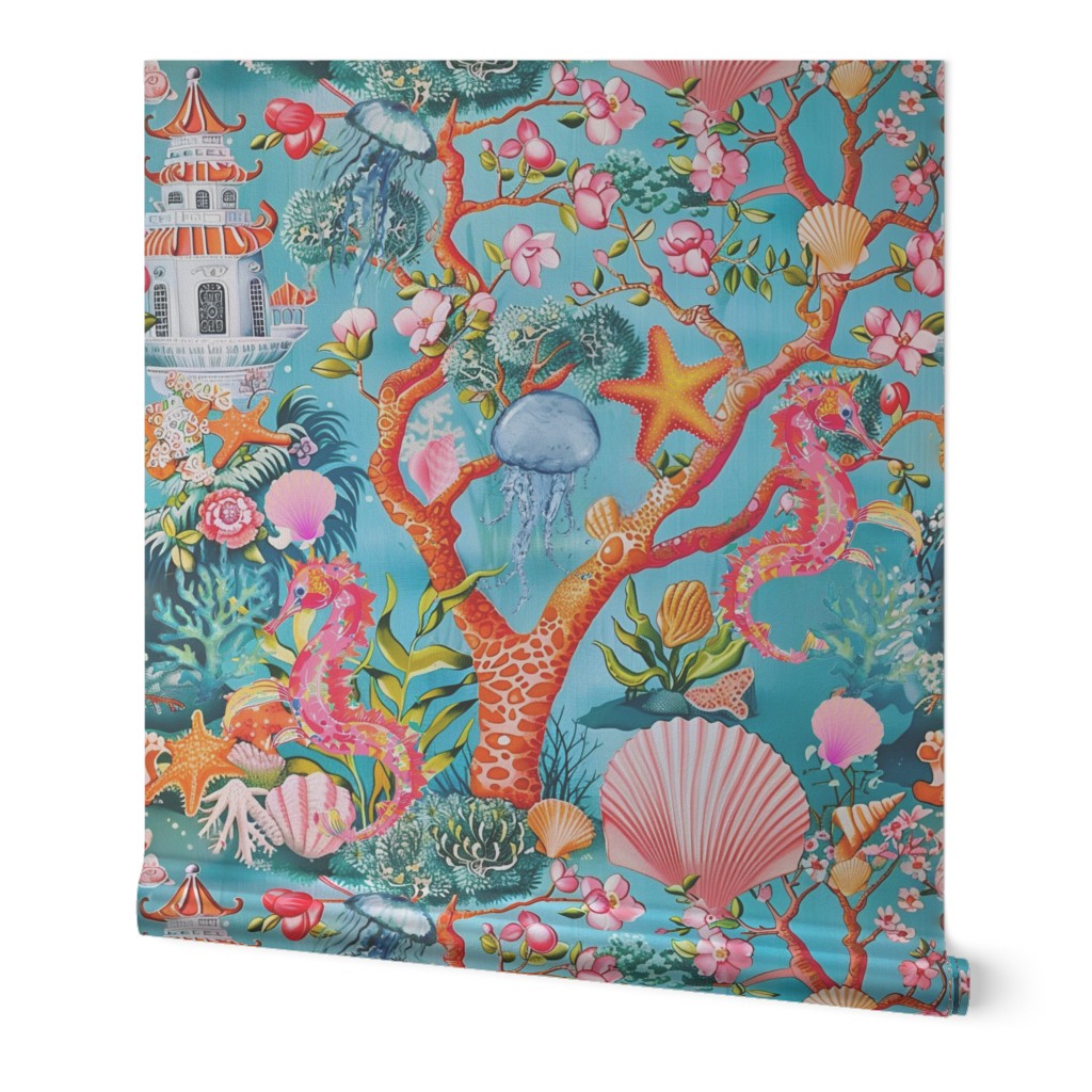 Chinoiserie sandcastle, corals and seahorses on turquoise