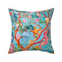 Chinoiserie sandcastle, corals and seahorses on turquoise