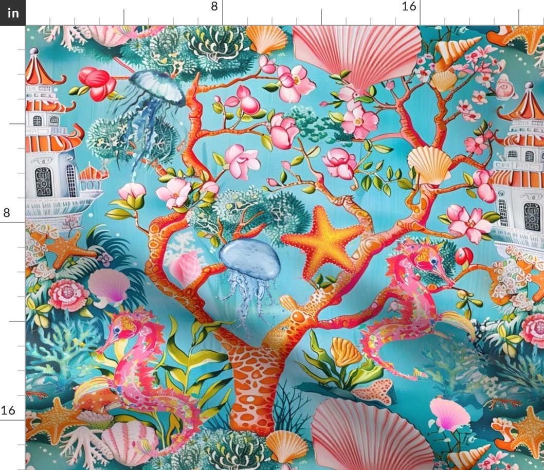 Chinoiserie sandcastle, corals and seahorses on turquoise