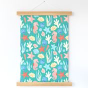 Large | Colorful Seahorses Shells and Starfish in Coral, Blue, Aqua Ocean Sea Beach Theme Hand-painted Watercolor