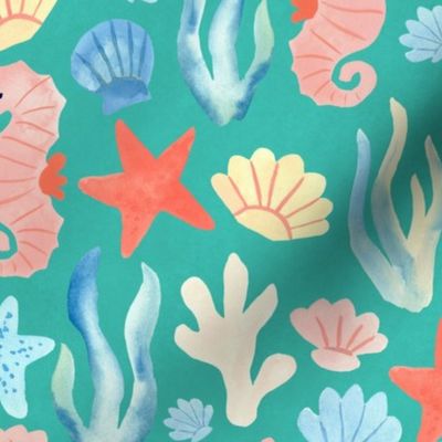 Large | Colorful Seahorses Shells and Starfish in Coral, Blue, Aqua Ocean Sea Beach Theme Hand-painted Watercolor