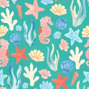 Large | Colorful Seahorses Shells and Starfish in Coral, Blue, Aqua Ocean Sea Beach Theme Hand-painted Watercolor