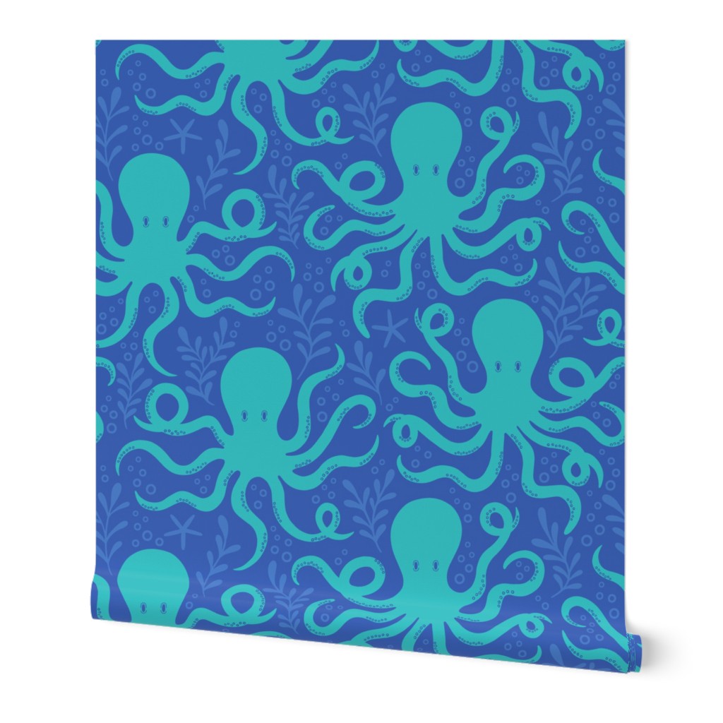 Octopus, Bubbles, Seaweed Waves, Teal on Blue / Medium