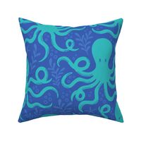 Octopus, Bubbles, Seaweed Waves, Teal on Blue / Medium