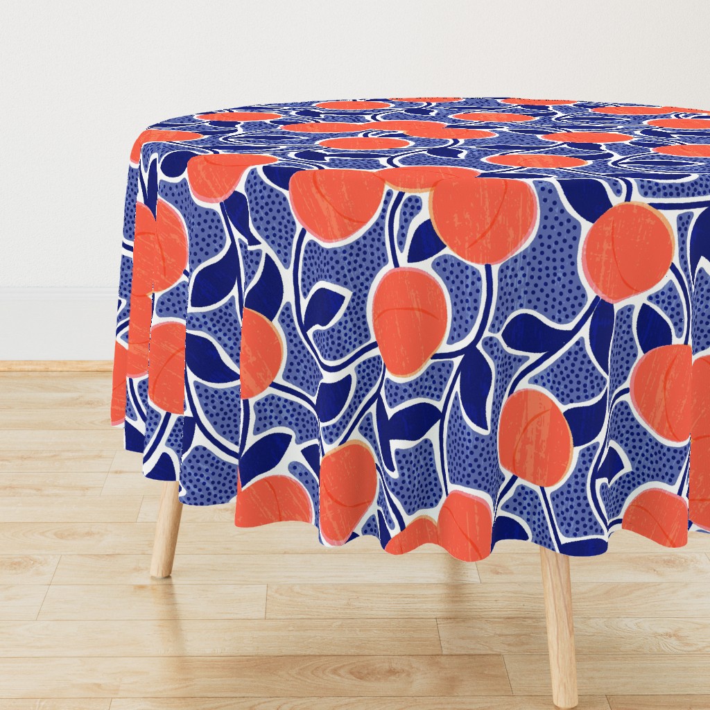 Extra Large Favorite Fruit Peaches with Blue Leaves and Polka Dot Periwinkle Background w Faux Texture