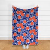 Extra Large Favorite Fruit Peaches with Blue Leaves and Polka Dot Periwinkle Background w Faux Texture