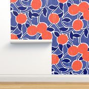 Extra Large Favorite Fruit Peaches with Blue Leaves and Polka Dot Periwinkle Background w Faux Texture
