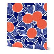 Extra Large Favorite Fruit Peaches with Blue Leaves and Polka Dot Periwinkle Background w Faux Texture