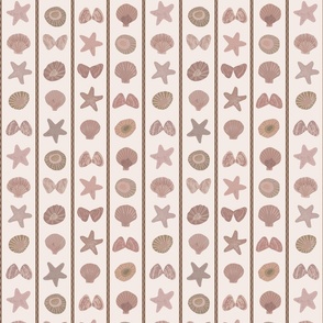 Shells and starfish vertical stripe - textured seashell lines - pink and brown