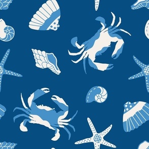 Medium - A trip to the beach - Cute beach crabs and shells in blue and white