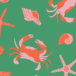 Large - Crustacean-core. Cute beach crabs and shells in red, pink and green