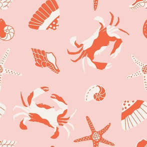 Large - A trip to the beach - Cute beach crabs and shells in red and pastel pink