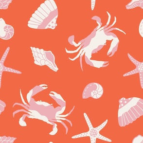 Large - Crustacean Core - Cute beach crabs and shells in red and pink