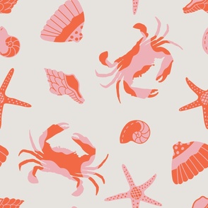 A trip to the beach - Cute beach crabs and shells in red and pink