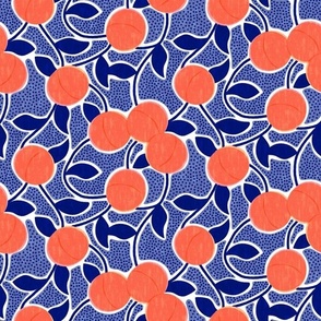 Medium Favorite Fruit Peaches with Blue Leaves and Polka Dot Periwinkle Background Faux Texture