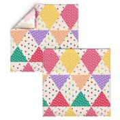 SUMMER FRUIT CHEATER QUILT - Whole Cloth Quilt - Triangles - Cream, Red, Pink, Green, Peach