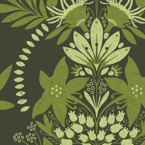 (large) textured modern victorian art deco floral dark green moss