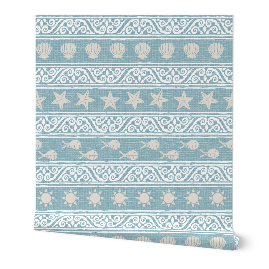 Beach vibes shells, starfish, sunshine aqua blue linen-look