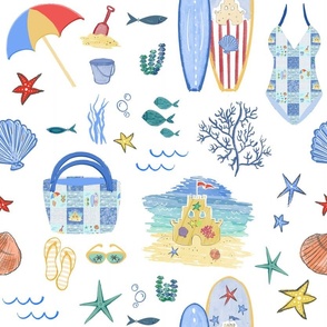 A trip to the beach - sandcastles, shells, starfish, waves  and surfboards