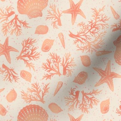 Boho Sea shells,  starfish and coral at Ocean Beach in  Peach Fuzz and Pink