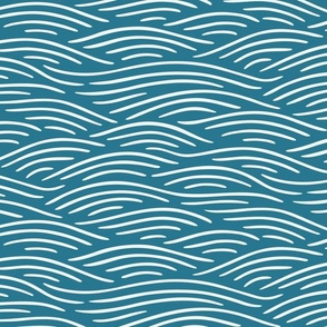 [M] Flowing waves - nautical coastal design, white lines on cerulean teal blue 