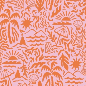 LARGE SCALE MODERN TRIP TO THE BEACH SUMMER SCENE-PALM TREES-SAND CASTLE-SUN-SHELLS-LIGHT PASTEL PINK+BRIGHT CORAL ORANGE RED