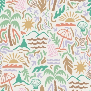 LARGE SCALE MODERN TRIP TO THE BEACH SUMMER SCENE-PALM TREES-SAND CASTLE-SUN-SHELLS-WHITE-GREEN-SALMON PASTEL PINK-CORAL ORANGE-LILAC PURPLE