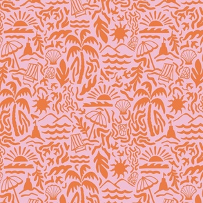 SMALL SCALE MODERN TRIP TO THE BEACH SUMMER SCENE-PALM TREES-SAND CASTLE-SUN-SHELLS-LIGHT CARNATION PASTEL PINK+BRIGHT CORAL ORANGE RED