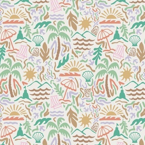 SMALL SCALE MODERN TRIP TO THE BEACH SUMMER SCENE-PALM TREES-SAND CASTLE-SUN-SHELLS-WHITE-BROWNS-GREEN-SALMON PASTEL PINK-CORAL ORANGE-LILAC PURPLE