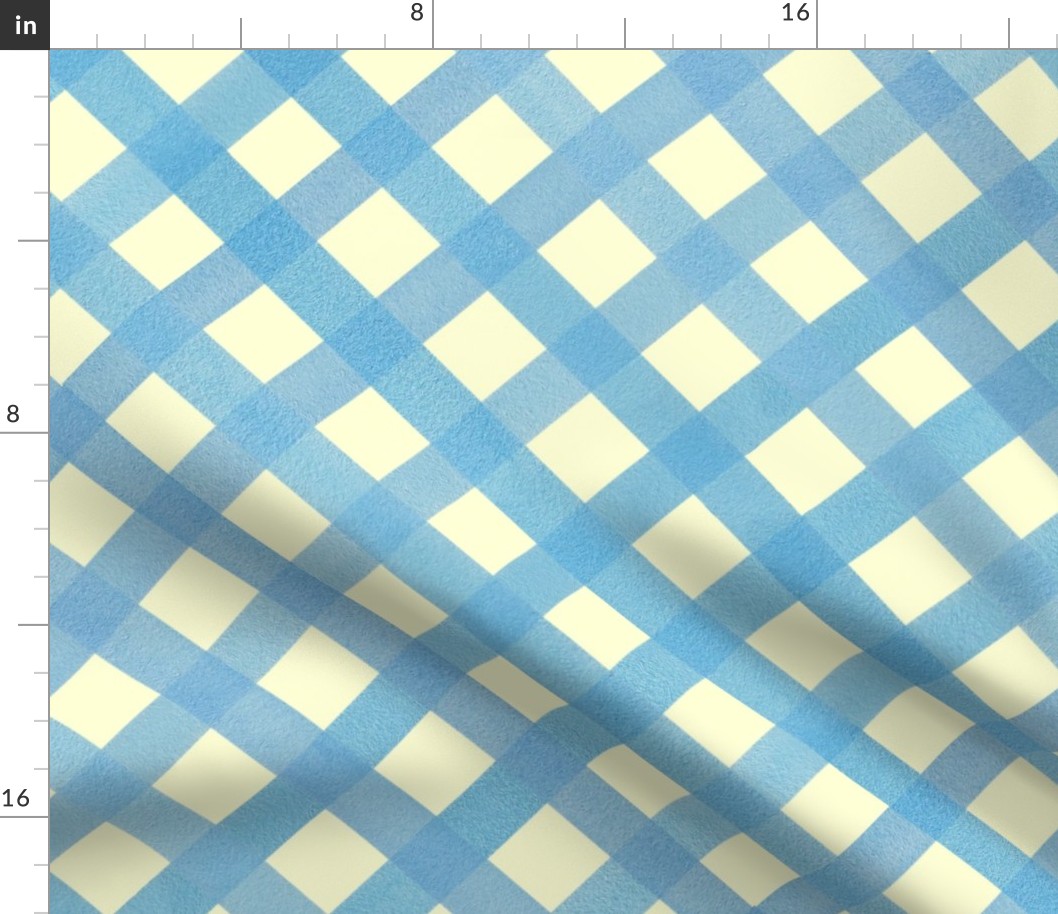 Gingham Classic Blue Diagonal Checker on Pastel Yellow - Large