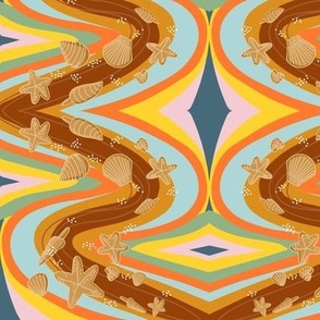 medium// Psychedelic waves with starfishes and sea shells 70s ocean