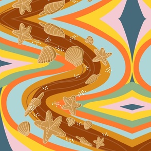 big// Psychedelic waves with starfishes and sea shells 70s ocean