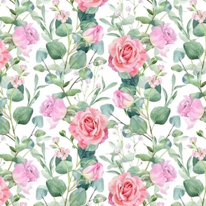 Pink roses and eucalyptus on white
