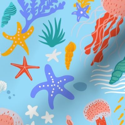 Deep into the water // Sea Life // Bright and Cheerful colors // Starfish, Fishes, Seashells, Jellyfish, Waves //Light Blue Background