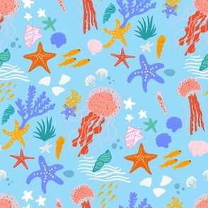 Deep into the water // Sea Life // Bright and Cheerful colors // Starfish, Fishes, Seashells, Jellyfish, Waves //Light Blue Background