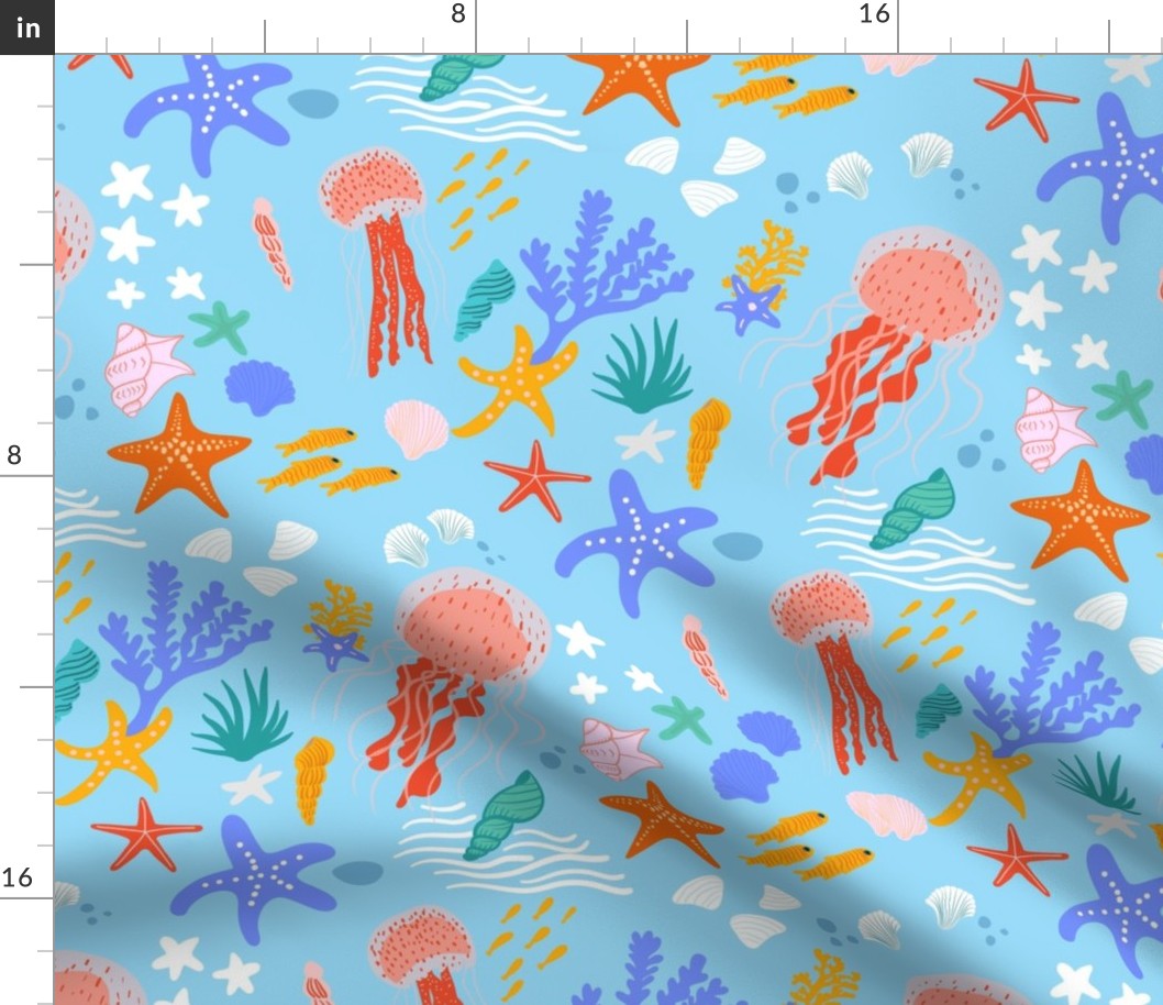 Deep into the water // Sea Life // Bright and Cheerful colors // Starfish, Fishes, Seashells, Jellyfish, Waves //Light Blue Background