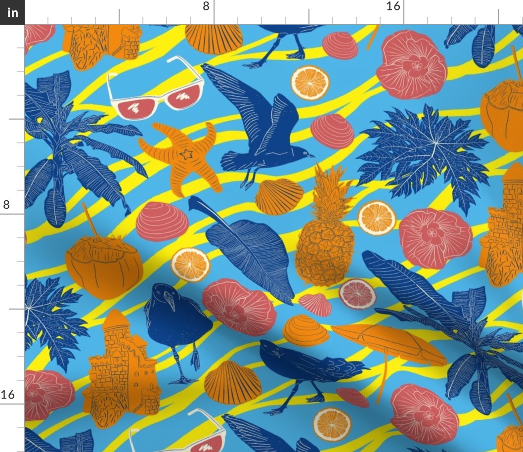 Summer, sun and beach -  seagulls, tropical fruits, hibiscus blossoms, palm leaves, sandcastles and starfish in bright ocean blue, luminous yellow, vibrant orange and coral red (large scale)