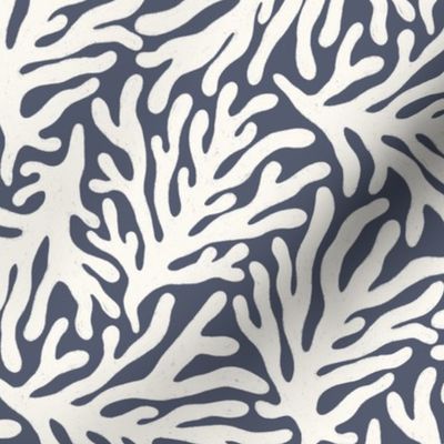 Ocean Life: Ivory White Coral Silhouettes on Navy Blue Background