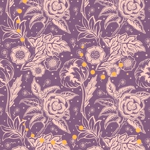 (L) Camellia Arts and crafts Linocut in lilac with golden stardust