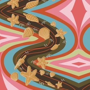 big// Psicadelic waves with starfishes and sea shells 70s Pink and Olive