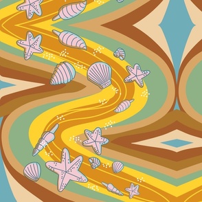 big// Psicadelic waves with starfishes and sea shells 70s cartoon