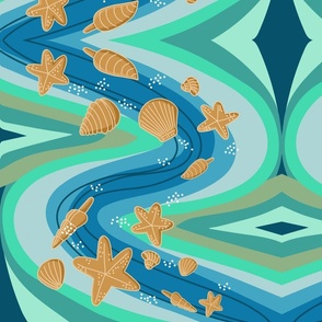 big// Psicadelic waves with starfishes and sea shells 70s deep ocean