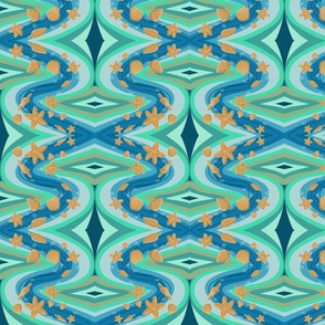 medium// Psicadelic waves with starfishes and sea shells 70s deep ocean