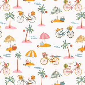 Biking the beaches – bicycles on the beach with palm trees and umbrella’s with pic nic basket and inflatabbles