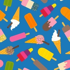 Icecream and lolly scatter on mid blue - medium scale by Cecca Designs